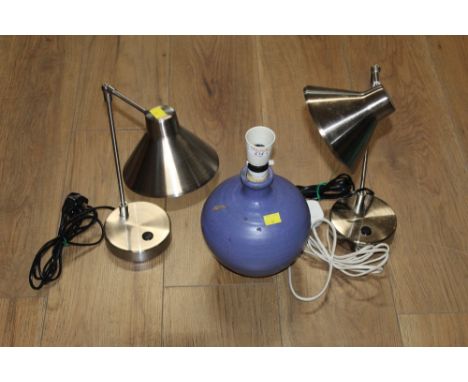 Blue pottery lamp base and pair of metal desk lamps 