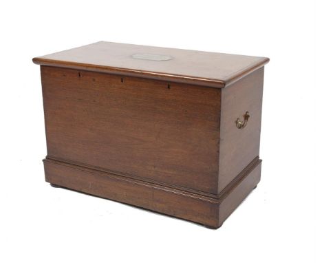 AN IRISH GEORGE IV MAHOGANY STRONG BOX, dated 1828, with brass bracket side handles and hinged top inset with brass plaque ''