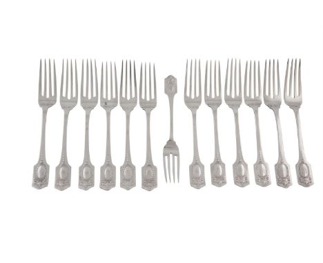 A SET OF TWELVE AMERICAN STERLING SILVER TABLE FORKS, 1909, maker's mark of Shreve & Co., in the Shreve & Co. 'Adam Pattern',