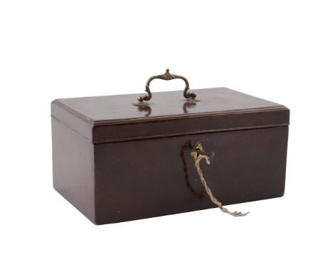 A GEORGE II WALNUT RECTANGULAR TEA CADDY with brass hinged handle and lift top and plain interior. 29cm wide