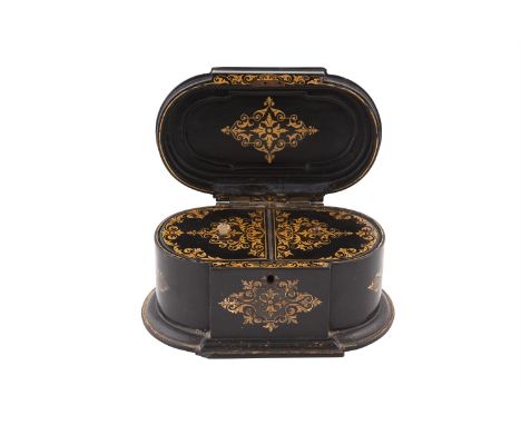 A VICTORIAN BLACK PAPIER MACHE TEA CADDY of oval sarcophagus form with twin fitted interior compartments. 25 x 18cm