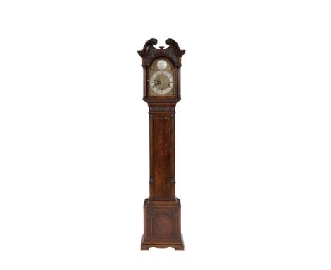 A GEORGIAN STYLE MAHOGANY CASED 'GRANDMOTHER CLOCK', c.1900, of compact proportions, the detachable hood with swan neck pedim