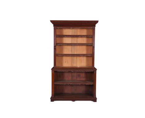 A 19TH CENTURY MAHOGANY OPEN BOOKCASE, the upper section surmounted by leaf moulded cornice, above three adjustable long shel