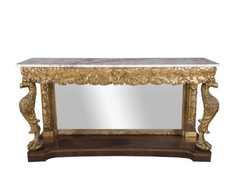 A FINE IRISH GEORGE IV GILTWOOD CONSOLE TABLE, in the manner of Del Vecchio, Dublin, of rectangular form, the white marble to