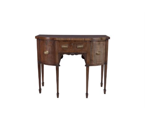 A GEORGE III INLAID MAHOGANY COMPACT SIDEBOARD of bowfront form, central frieze drawer flanked by cupboards, decorated satinw