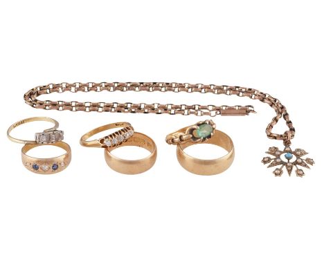 A GROUP OF JEWELLERYComprising of a ring set with 5 old cushion-shaped diamonds weighing approx. 0.15ct total, ring size N; a