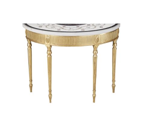 A GEORGE IV STYLE SEMI ELLIPTICAL GILTWOOD MARBLE TOP CONSOLE TABLE, the white marble top with painted floral decoration, abo