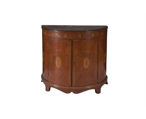 A GEORGIAN REVIVAL MAHOGANY AND MARQUETRY INLAID SEMI ELLIPTICAL COMMODE, late 19th century, the top decorated with radial pa
