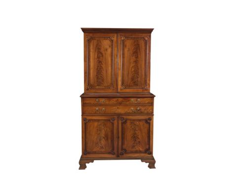 A GEORGE III INLAID MAHOGANY SECRETAIRE BOOKCASE, with shallow moulded Greek key cornice above twin folded panel doors, enclo