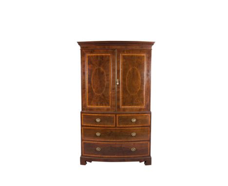 A MID 19TH CENTURY INLAID MAHOGANY BOWFRONT GENTLEMAN'S WARDROBE, with moulded dentil cornice above twin fielded panel doors 