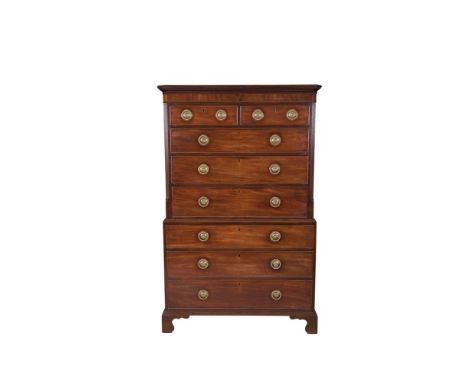 A GEORGE III MAHOGANY CHEST ON CHEST, of rectangular form with moulded cornice and canted corners above two short and three l