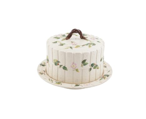A MID-VICTORIAN GEORGE JONES ENGLISH MAJOLICA CHEESE DOME AND STAND, in the 'Rustic' pattern, of cylindrical form moulded as 