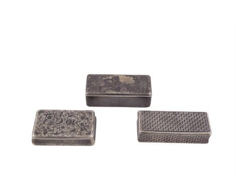 A FRENCH SILVER GILT AND NIELLO DECORATED OBLONG SNUFF BOX, 19th century,  the cover worked with a depiction of castle ruins 
