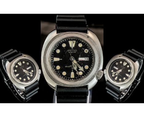 Seiko Automatic Gents Steel Cased Wrist Watch with Day - Date Display Window, Water Resistant 150 Meters, Black Dial, Seconds