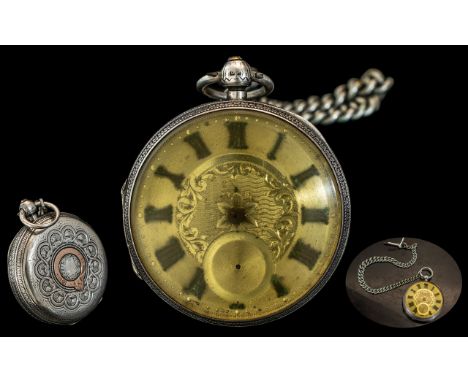 Victorian Period - Superb and Heavy Sterling Silver Open Faced Key-wind Chronometer Pocket Watch with Silver Albert Chain. Fe