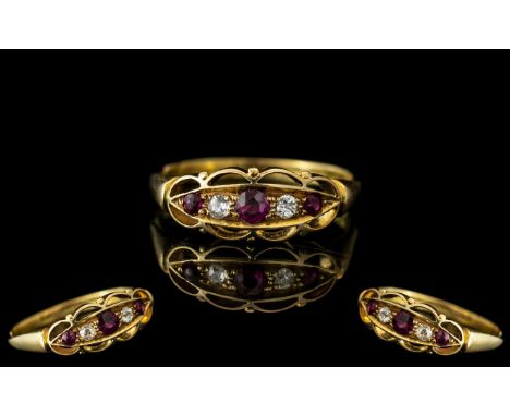 Antique Period - Attractive and Impressive 18ct Gold 5 Stone Ruby and Diamond Set Ring, Excellent Design. Fully Hallmarked fo