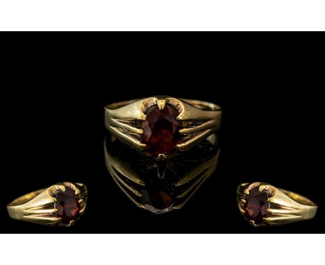 9ct Gold Ruby Gypsy Set Ring. Gents Ring, Large Red Stone In Gypsy Setting, Ring Size T. 