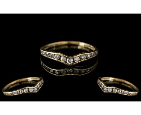 14ct Yellow Gold - Petite Diamond Set Wishbone Ring. Fully Hallmarked for 9.375. Diamonds of Good Colour / Clarity. Ring Size