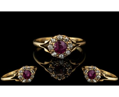 Antique Period 19th Century Ladies 18ct Gold Attractive Ruby and Diamonds Set Ring, Flower head Setting. The Natural Ruby of 