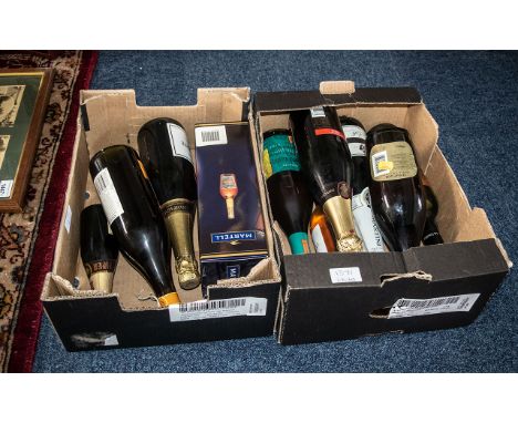 Collection of Champagne and Wine Bottles. Includes Martell Fine Cognac, Champagne Brut Baron-Fuente, Piper-Heidsieck Champagn