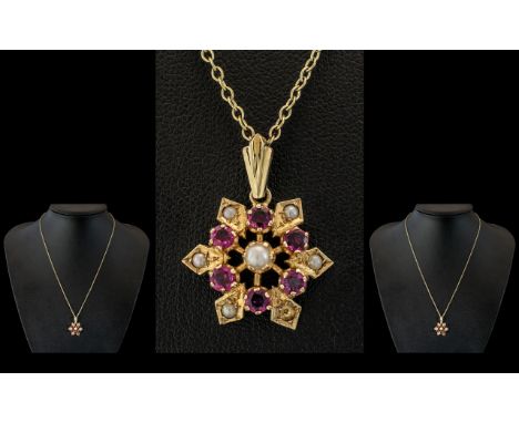 Antique Period Attractive 9ct Gold Ruby and Seed Pearl Set Star Pendant, Attached to a 9ct Gold Chain. Both Marked for 9.375.
