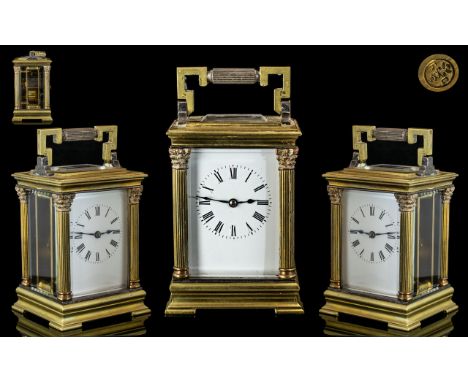 French - Late 19th Century Richards &amp; CIE Heavy Polished Brass and Glass Panels Carriage Clock with Visible Lever, Platfo