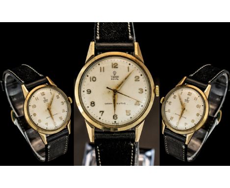 Gents Rolex Tudor Royal. Champagne Dial, Arabic Numerals With Center Seconds, Manual Wind, 9ct Gold 32mm Case, Engraved To Ca