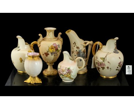 Collection of Six Worcester Blush Ivory Porcelain, including four jugs with floral decoration, a pedestal vase and a small fl