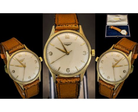 Longines Gentleman's 18ct Gold Mechanical Wrist Watch. Hallmark to Back Cover. c.1960's. Features Gold Markers, SIgned Dial a