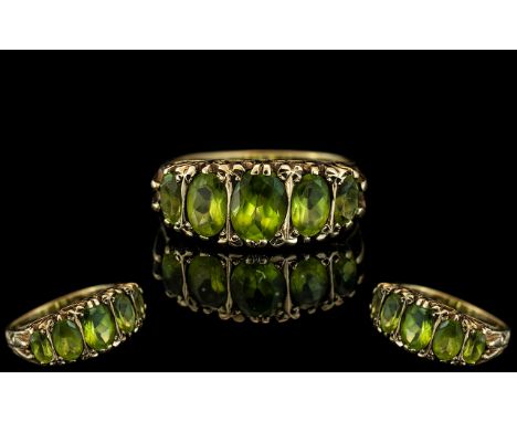 Antique Period Attractive 9ct Gold 5 Stone Peridot Set Ring. Ornate Gallery Setting. The Faceted Peridots of Good Colour. Rin