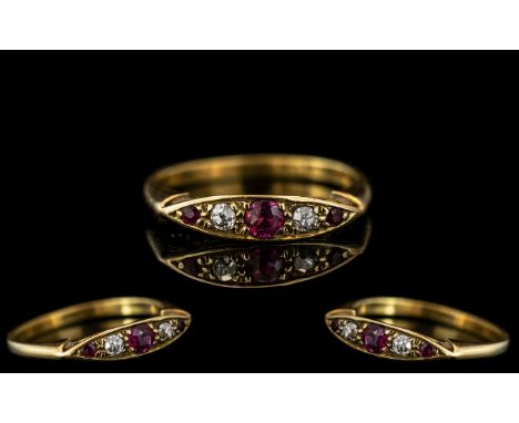 Edwardian Period 18ct Gold - Attractive 5 Stone Ruby and Diamond Set Ring. Not Hallmarked but Tests 18ct. Rubes and Diamonds 