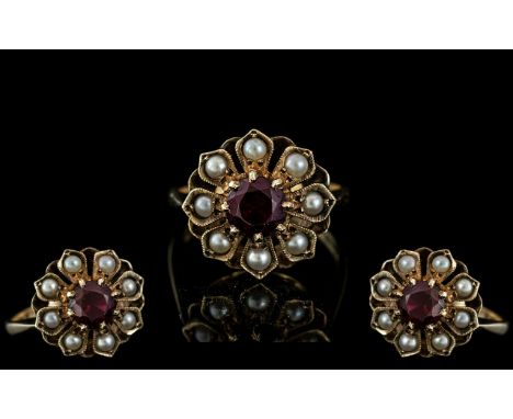 Ladies 9ct Gold Pearl and Garnet Set Cluster Ring, Flower head Setting. Full Hallmark to Interior of Shank. Ring Size N. Weig