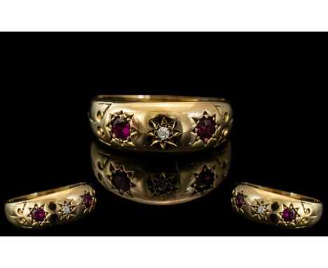 Edwardian Period - Attractive Ladies 18ct Gold Ruby and Diamond Set Band Ring. Excellent Colour - Rubies. Hallmark Birmingham