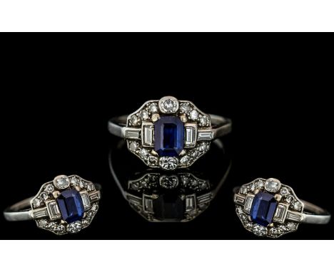 Art Deco Period - Attractive Platinum Diamond and Sapphire Set Ring, Excellent Design. Marked Platinum to Interior of Shank. 