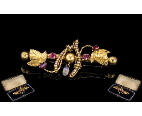 Antique Period - Superb 18ct Gold Naturalistic Brooch, Set with Rubies, Seed Pearls and Opal. c.Mid 1850's. Rubies and Opal o