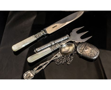 Small Collection of Silver Ware. Includes Fork, Knife and Spoon, Vesta Case and Pencil Holder. All Hallmarked for Silver. 