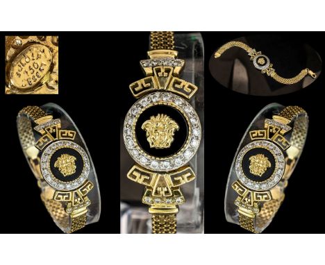 Versace Style 1960's 18ct Yellow Gold Medusa / Black Enamel tone Set Bracelet. Marked 750 - 18ct. Signed - Please See Photo. 