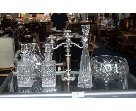 Collection of Quality Glass, comprising two square 11'' decanters with decorative stoppers, a cut glass fruit bowl, a large b