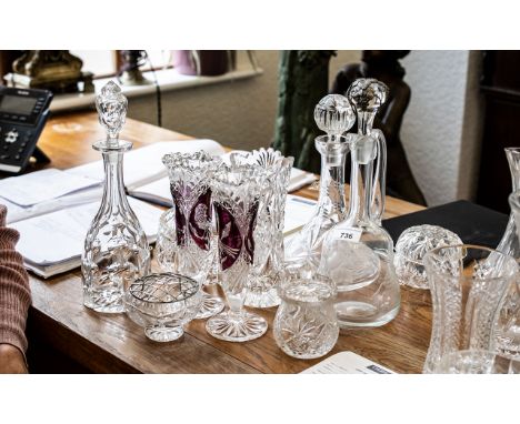 Collection of Quality Crystal Glassware, comprising a pair of 8.5" vases with cranberry inserts depicting birds, a 12" cut gl