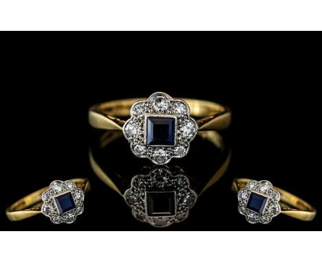 Art Deco Period 18ct Gold and Platinum Sapphire and Diamond Set Ring. Marked Platinum and 18ct to Interior of Shank. The Roun