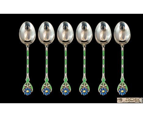 Art Nouveau Design Superb Set of Six ( 6 ) Sterling Silver and Enamel Small Teaspoons, Stylaised Floral Design In Green, Blue