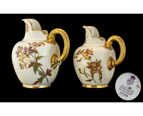 Two Royal Worcester Jugs, No. 29115, style No. 1094.  Beautiful Royal Worcester gilded jugs circa 1885, ivory ground with flo