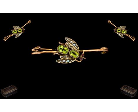 Antique Period - Attractive 15ct Gold Insect Brooch, Set with Peridots, Seed Pearls and Ruby Eyes. Not Marked but Tests Gold.