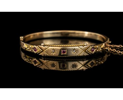 Edwardian Period 1902 - 1910 Attractive and Good Quality 9ct Gold Hinged Bangle Set with Diamonds and Rubies + Safety Chain. 
