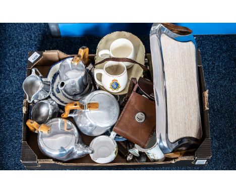 Box of Assorted Collectibles, comprising Picquot Ware tray, tea pot, coffee pot, milk jug, sugar bowl, set of vintage cream s