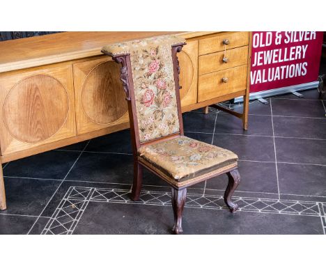 Victorian Mahogany Prayer Chair with tapestry back and seat, two back straight legs and two front legs with claw feet. Mahoga