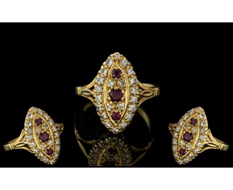 Antique Period Style 18ct Gold Marquise Shaped Ruby and Diamond Set Ring, Excellent Design. Hallmark London 1981 Marked to In