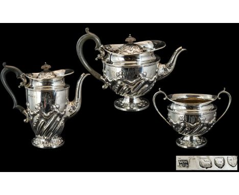 Art Nouveau Superb and Superior Quality Sterling Silver ( 3 ) Piece Tea Service with Styalished Floral Design and Shape. Hall