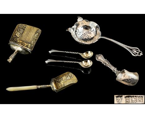 A Small Collection of Antique Sterling Silver Assorted Spoons and Tea Strainers. Features George III - Silver Tea Caddy, Make