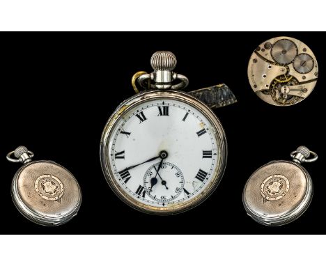 Swiss Made Hexameter Open Faced Sterling Silver Keyless Open Faced Lever Pocket Watch, With Attached Leather Watch Piece / T-